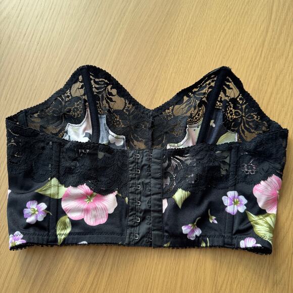 Vintage 90s Italian Black Floral Bustier Crop Top with Lace Trim (S, C cup) - Picture 9 of 12